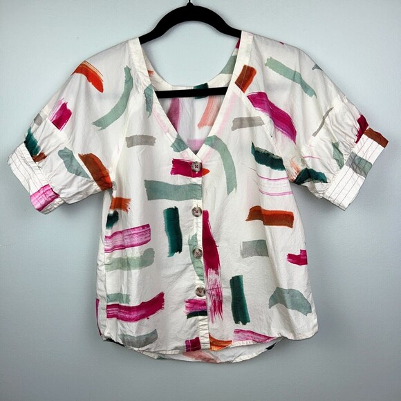 Anthropologie Aimee Clarke Art Brushstroke Button Back Puff Sleeve Top Womens XS - Picture 6 of 16
